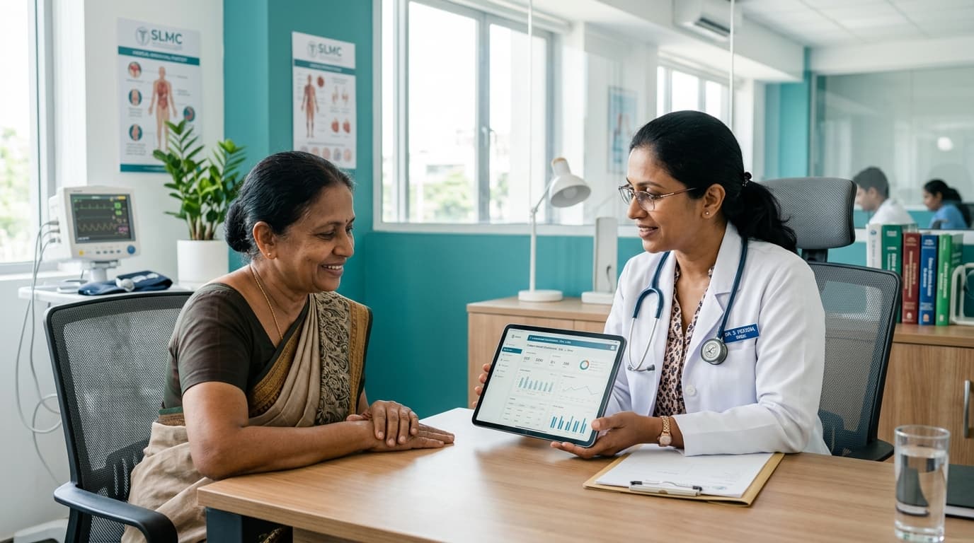 Sri Lankan Doctor in Empathetic Consultation with Patient Using HealthNexus Tablet
