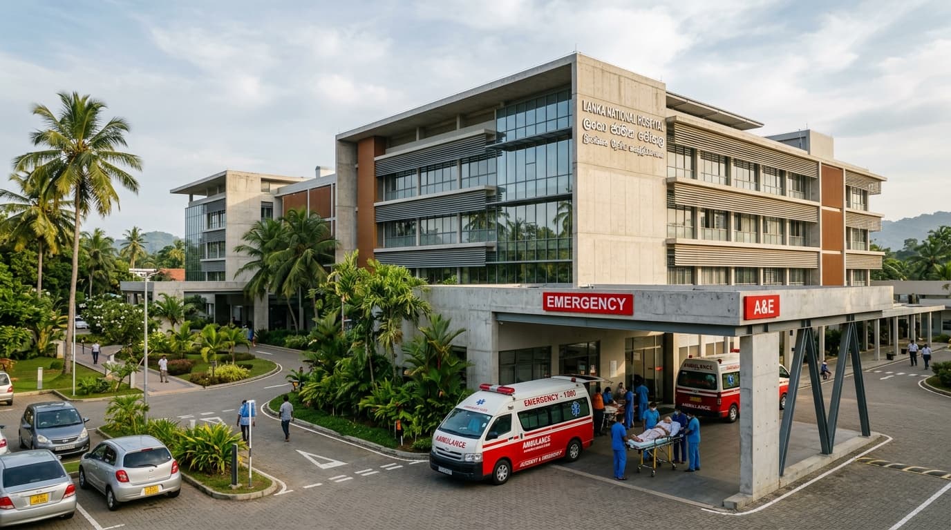 Modern Sri Lankan Hospital Exterior with Ambulances and Emergency Entrance